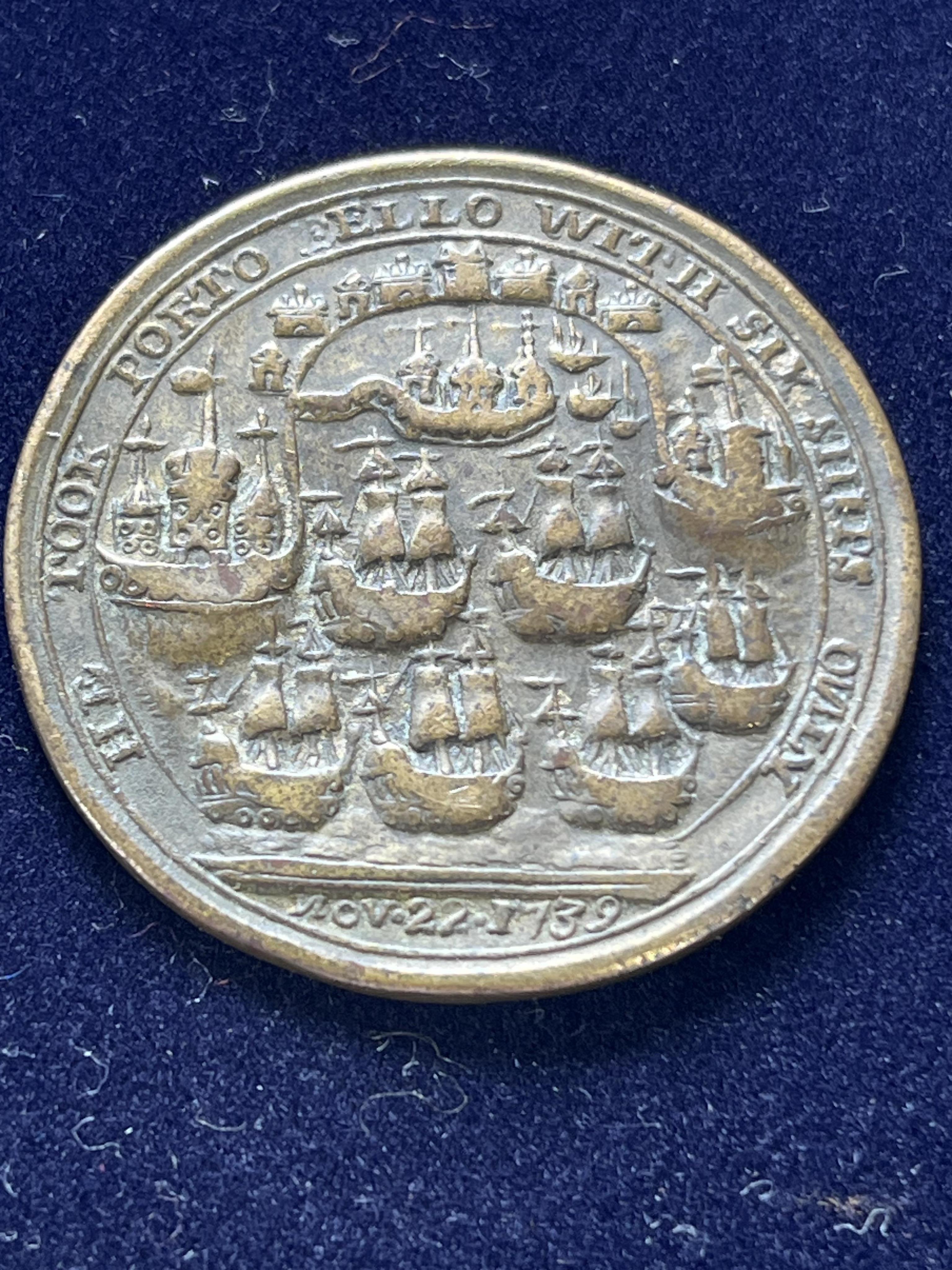 Capture of Portobello, 1739, a pinchbeck medal, unsigned, Vernon standing left, cannon to left and anchor to right, rev. six ships outside Portobello harbour, 38mm (Betts 224), good fine or better